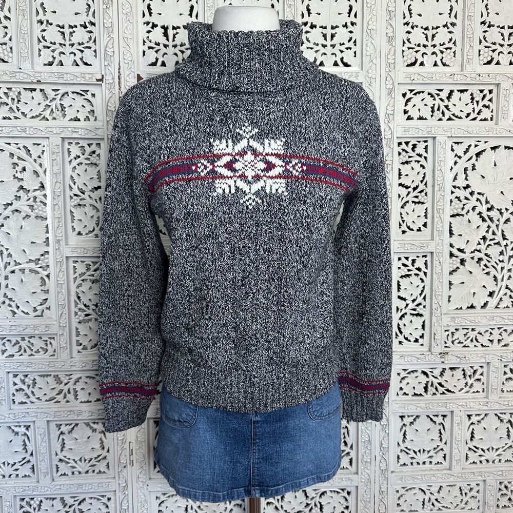 Liz Claiborne Gray Marled Fair Isle Chunky Granny Turtleneck Sweater‎ Sz Small